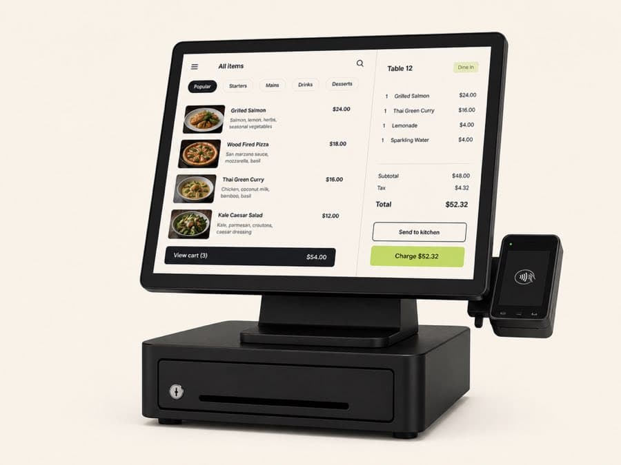 A modern restaurant point-of-sale terminal with an ordering screen and payment reader